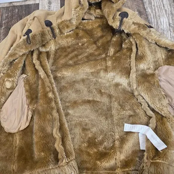 Y2K Penny Lane Faux Fur Toggle Coat Hood Tan Fisherman Core Winter Boho - Picture 5 of 7